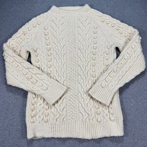Vintage Cable Knit Fisherman Sweater Men's Medium White Crewneck Handmade